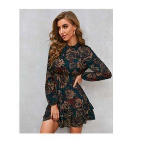 Shein Women´s Neck Lantern Sleeve Ruffle Hem Floral Dress In Multicolor Size L